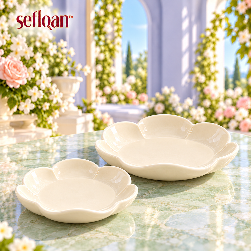 seflqan™ Petal Base Candle Holder Plates — Set of 2 Scalloped Ceramic Pillar Candle Dishes