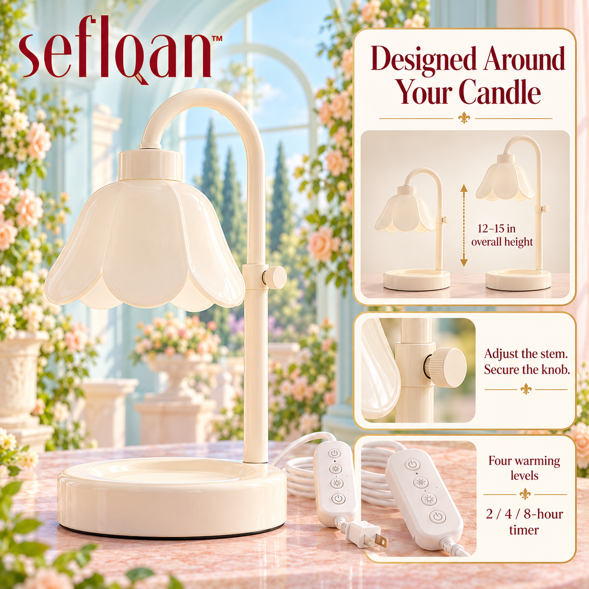 seflqan™ Petal Arch Candle Warmer Lamp — Dimmable Electric Jar Candle Warmer with Adjustable Height & Timer