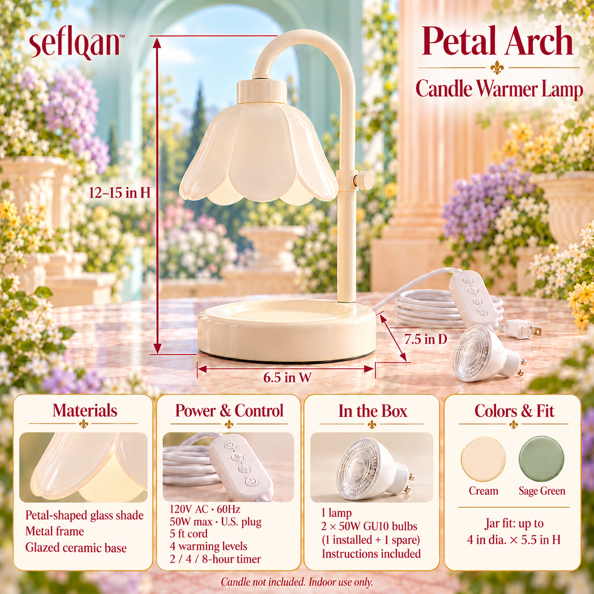seflqan™ Petal Arch Candle Warmer Lamp — Dimmable Electric Jar Candle Warmer with Adjustable Height & Timer