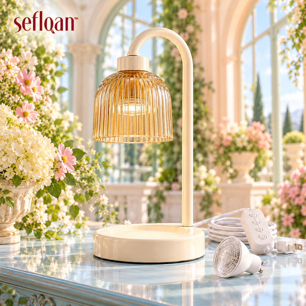 seflqan™ Greenhouse Ribbed Glass Candle Warmer Lamp — Electric Candle Heater with Dimmer & Auto-Off Timer