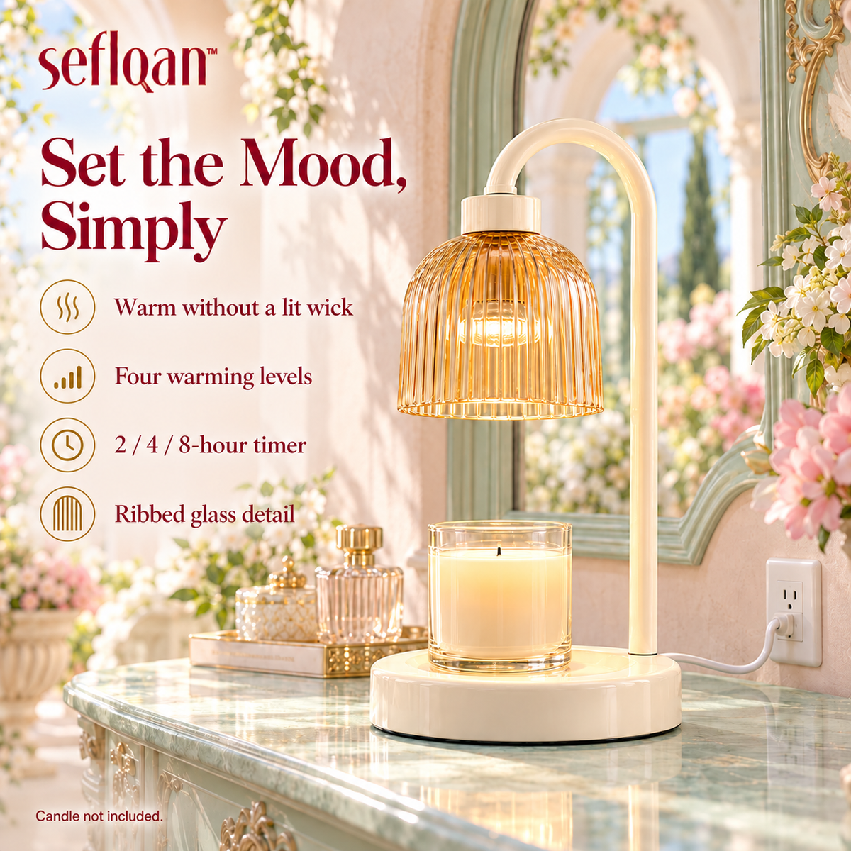 seflqan™ Greenhouse Ribbed Glass Candle Warmer Lamp — Electric Candle Heater with Dimmer & Auto-Off Timer