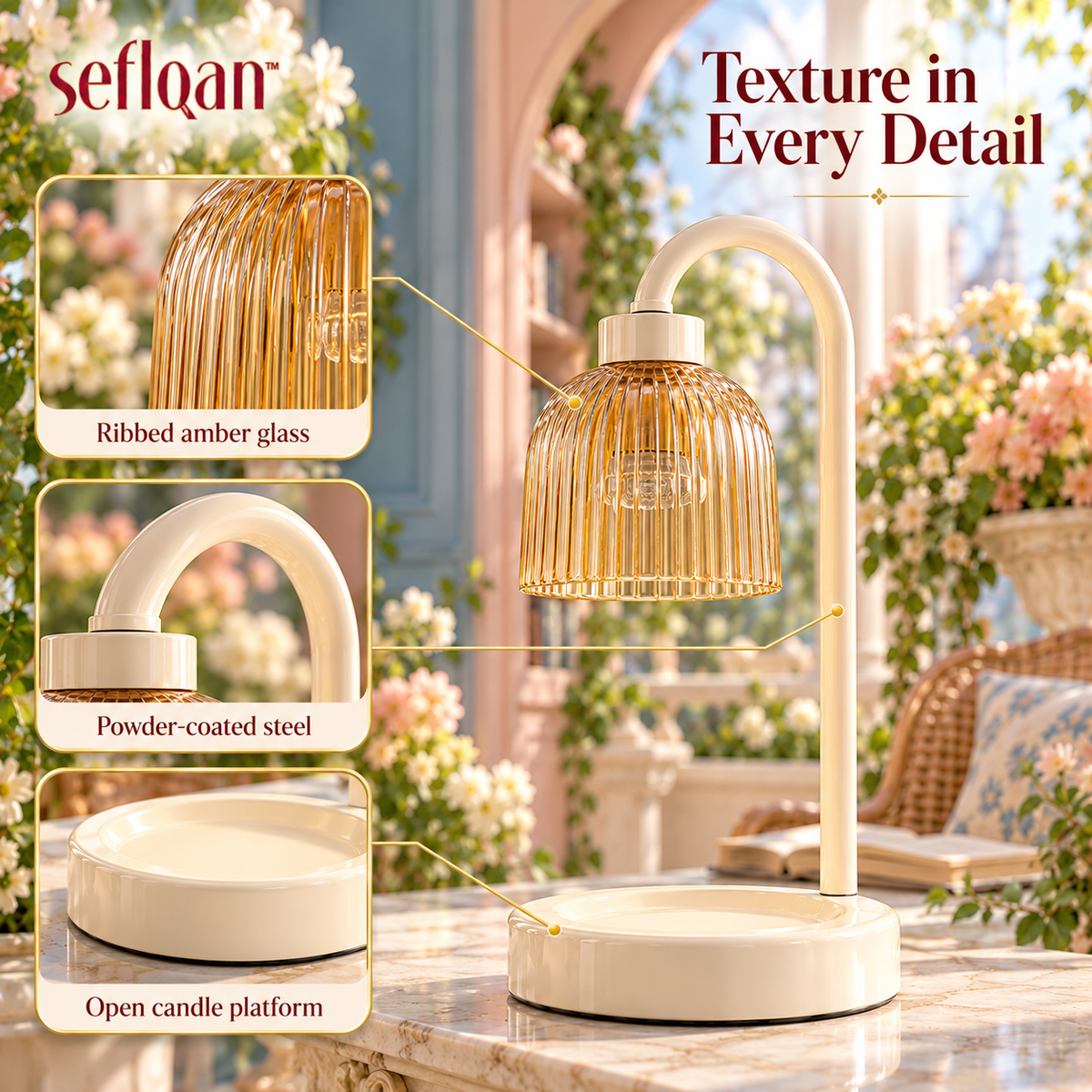 seflqan™ Greenhouse Ribbed Glass Candle Warmer Lamp — Electric Candle Heater with Dimmer & Auto-Off Timer