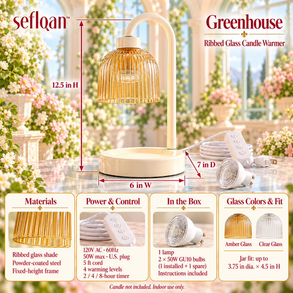 seflqan™ Greenhouse Ribbed Glass Candle Warmer Lamp — Electric Candle Heater with Dimmer & Auto-Off Timer