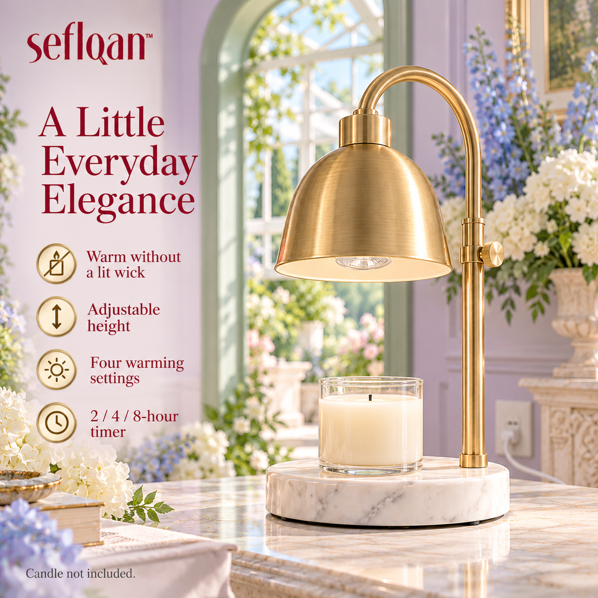 seflqan™ Terrace Bell Candle Warmer Lamp — Adjustable Dimmable Candle Warming Light with Stone Base & Timer