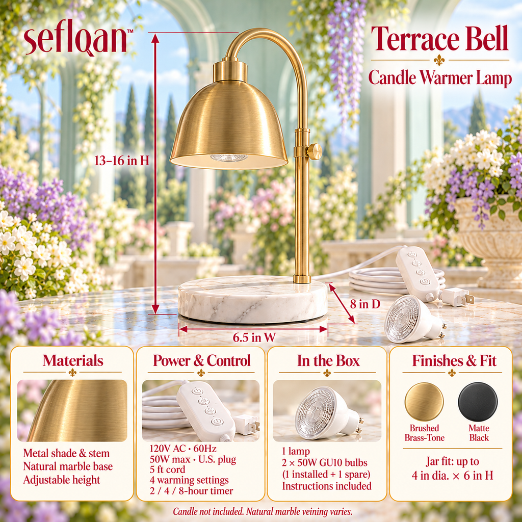 seflqan™ Terrace Bell Candle Warmer Lamp — Adjustable Dimmable Candle Warming Light with Stone Base & Timer