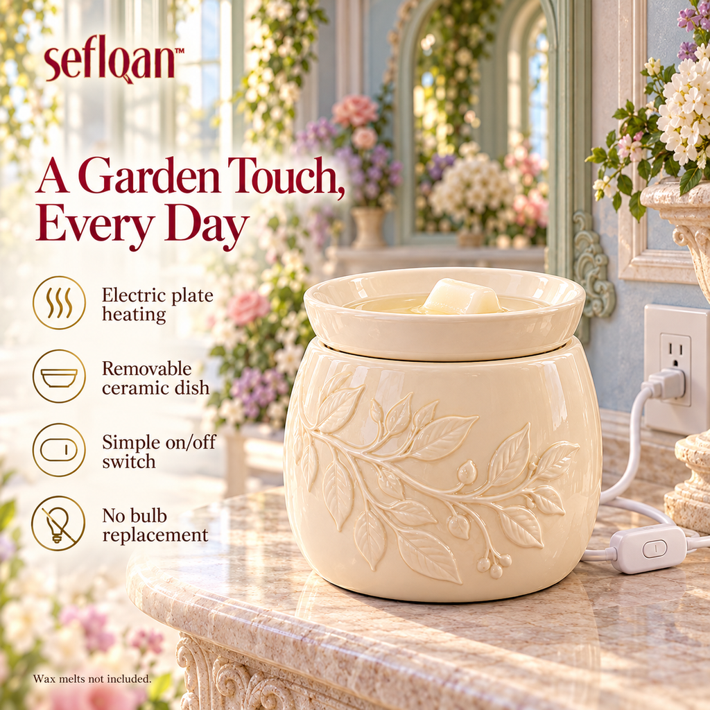 seflqan™ Botanical Relief Ceramic Wax Warmer — Electric Wax Melt Burner with Removable Dish