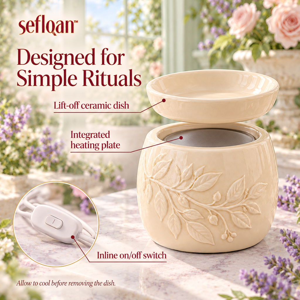 seflqan™ Botanical Relief Ceramic Wax Warmer — Electric Wax Melt Burner with Removable Dish