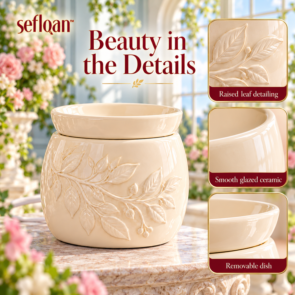 seflqan™ Botanical Relief Ceramic Wax Warmer — Electric Wax Melt Burner with Removable Dish