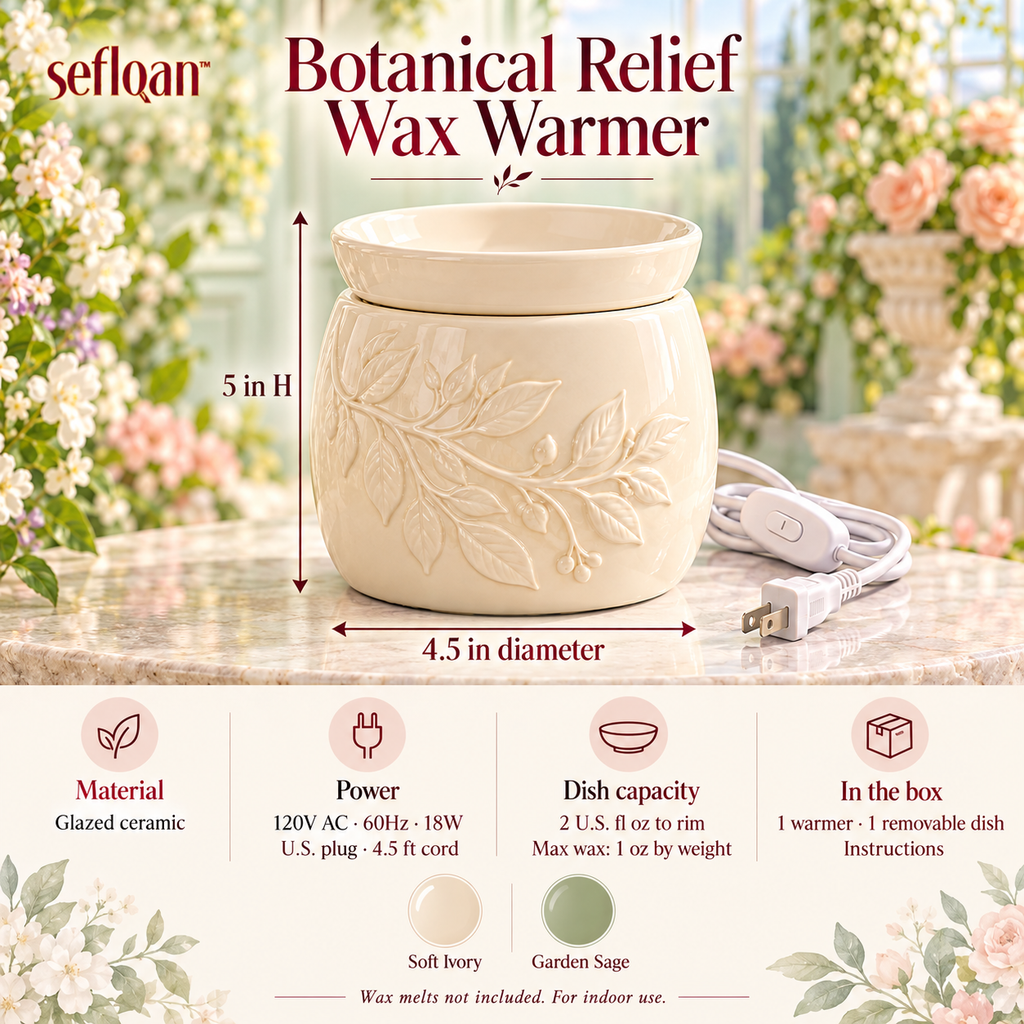 seflqan™ Botanical Relief Ceramic Wax Warmer — Electric Wax Melt Burner with Removable Dish