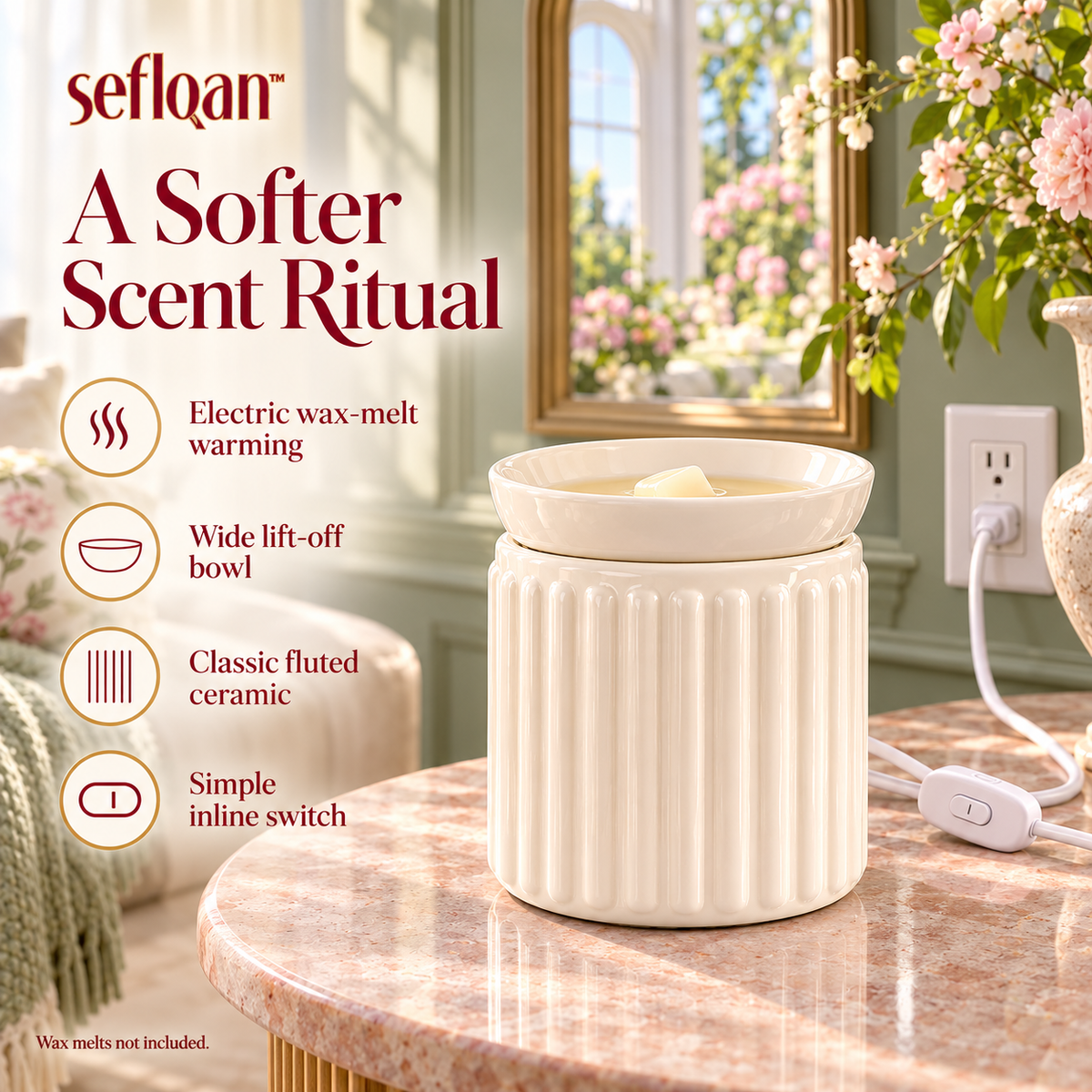 seflqan™ Conservatory Fluted Wax Melt Warmer — Electric Ceramic Fragrance Warmer with Lift-Off Bowl