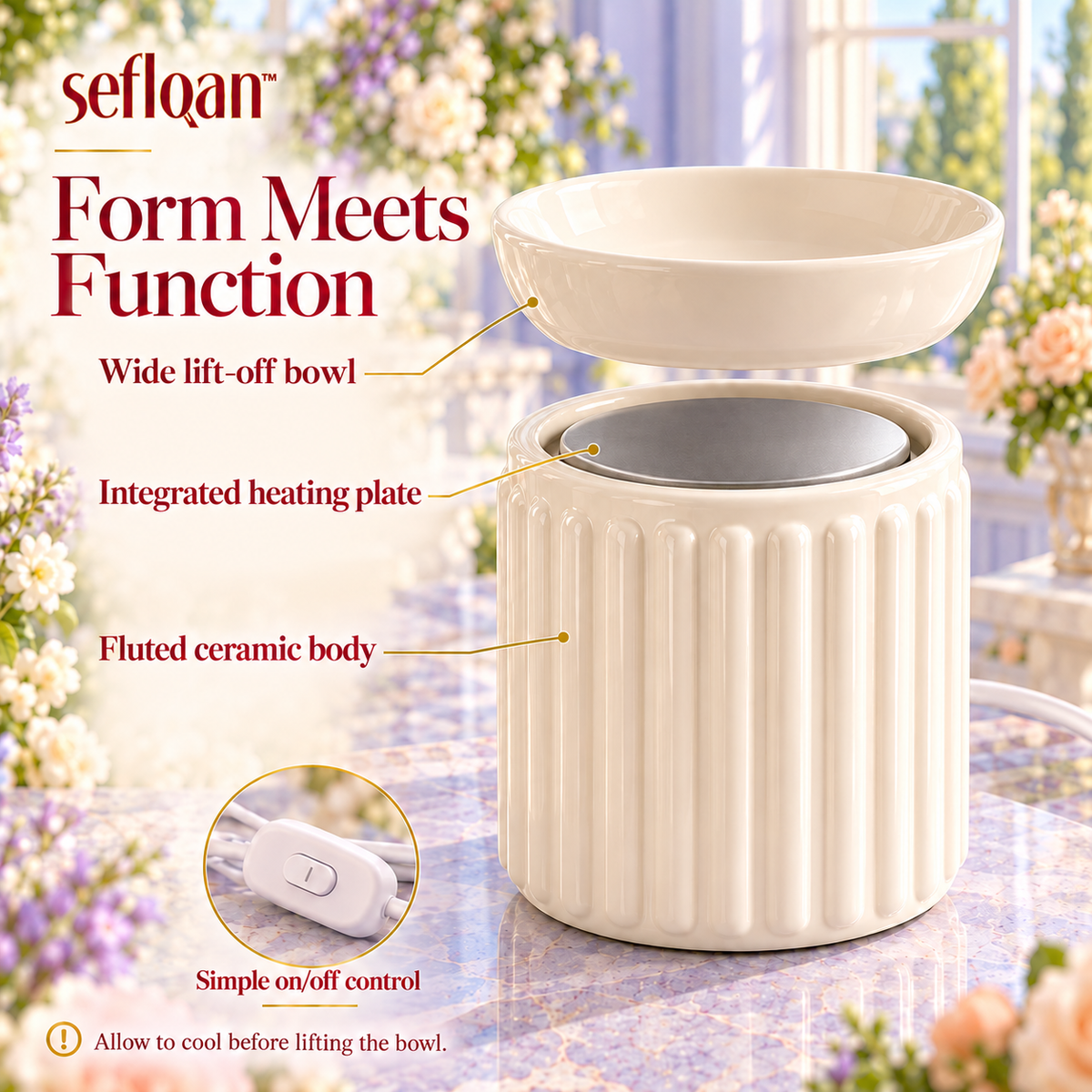 seflqan™ Conservatory Fluted Wax Melt Warmer — Electric Ceramic Fragrance Warmer with Lift-Off Bowl