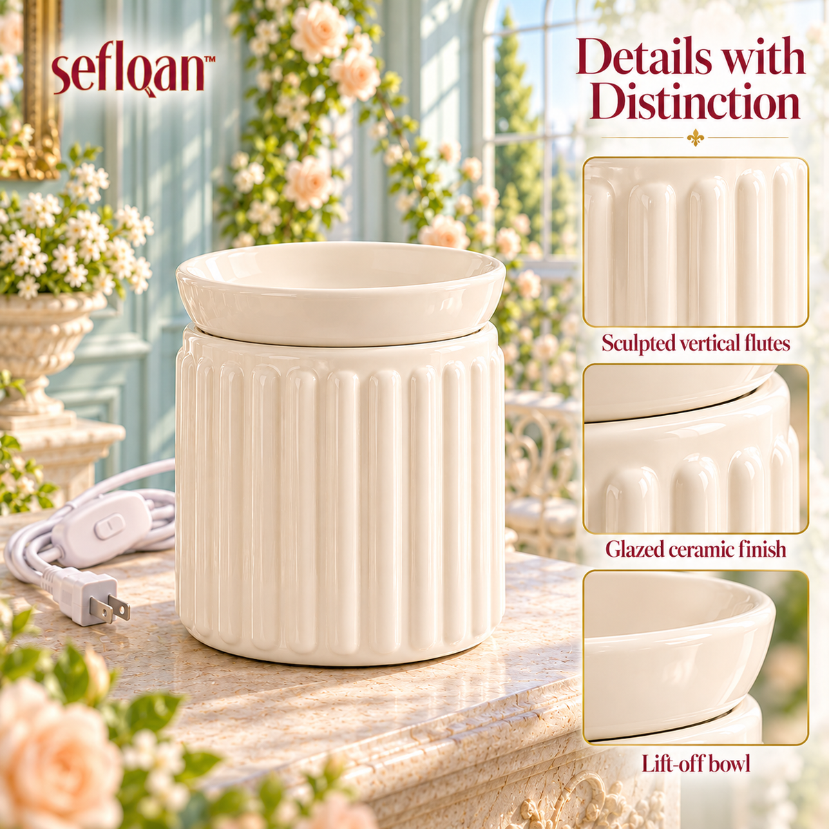seflqan™ Conservatory Fluted Wax Melt Warmer — Electric Ceramic Fragrance Warmer with Lift-Off Bowl