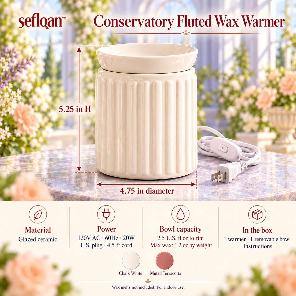 seflqan™ Conservatory Fluted Wax Melt Warmer — Electric Ceramic Fragrance Warmer with Lift-Off Bowl