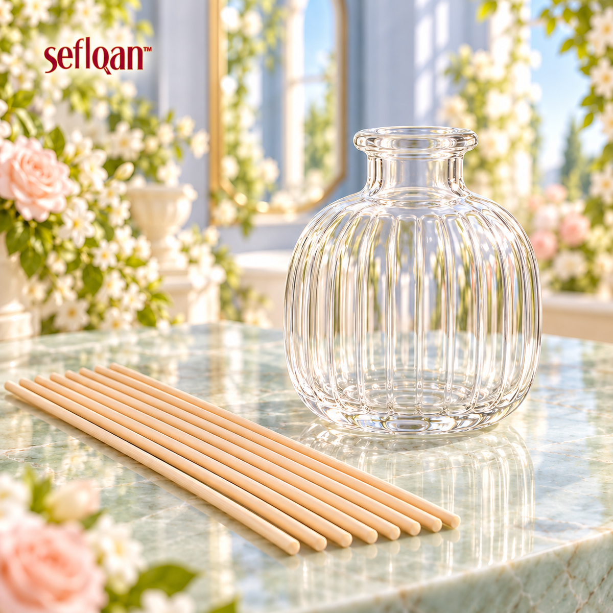 seflqan™ Bud Fluted Glass Reed Diffuser Bottle — Refillable Empty Fragrance Vessel with 8 Reeds