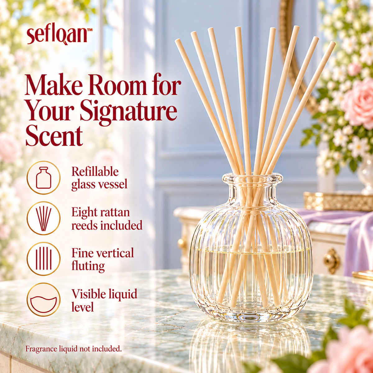 seflqan™ Bud Fluted Glass Reed Diffuser Bottle — Refillable Empty Fragrance Vessel with 8 Reeds