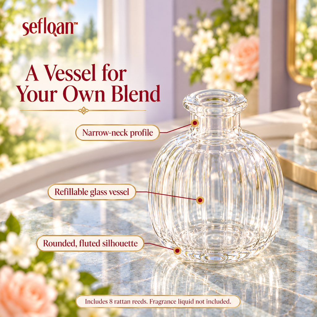 seflqan™ Bud Fluted Glass Reed Diffuser Bottle — Refillable Empty Fragrance Vessel with 8 Reeds