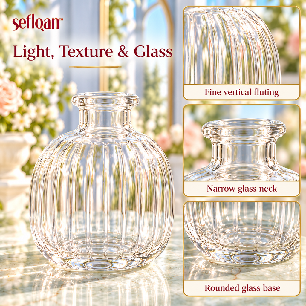 seflqan™ Bud Fluted Glass Reed Diffuser Bottle — Refillable Empty Fragrance Vessel with 8 Reeds