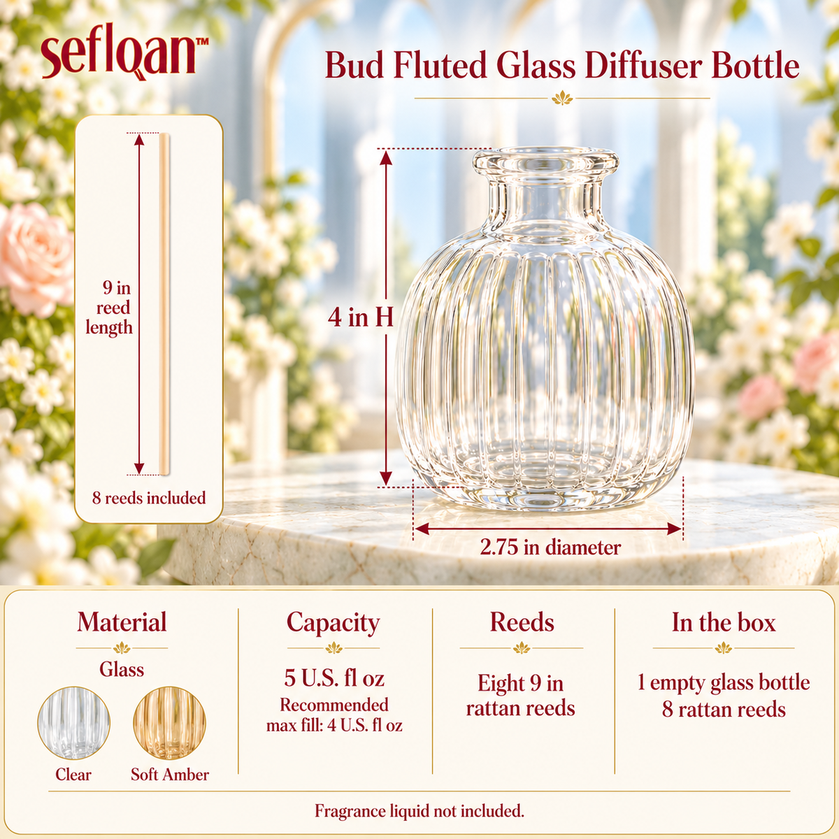 seflqan™ Bud Fluted Glass Reed Diffuser Bottle — Refillable Empty Fragrance Vessel with 8 Reeds