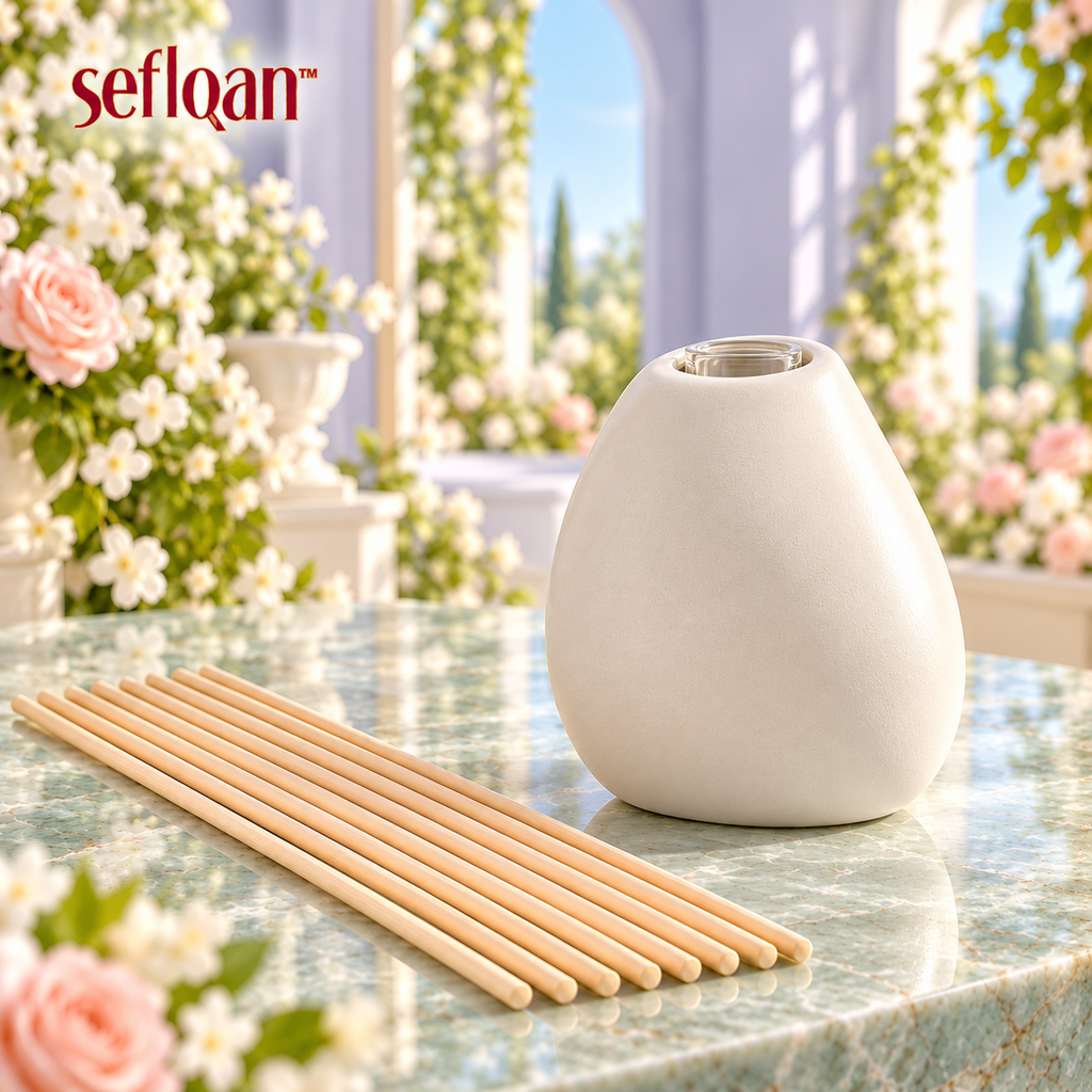 seflqan™ Pebble Ceramic Reed Diffuser Vessel — Empty Refillable Scent Bottle with Glass Insert & 8 Reeds