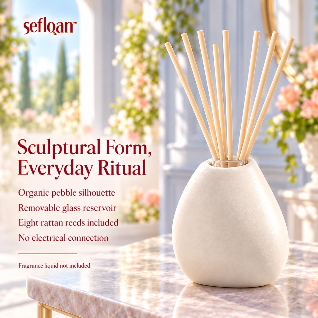 seflqan™ Pebble Ceramic Reed Diffuser Vessel — Empty Refillable Scent Bottle with Glass Insert & 8 Reeds