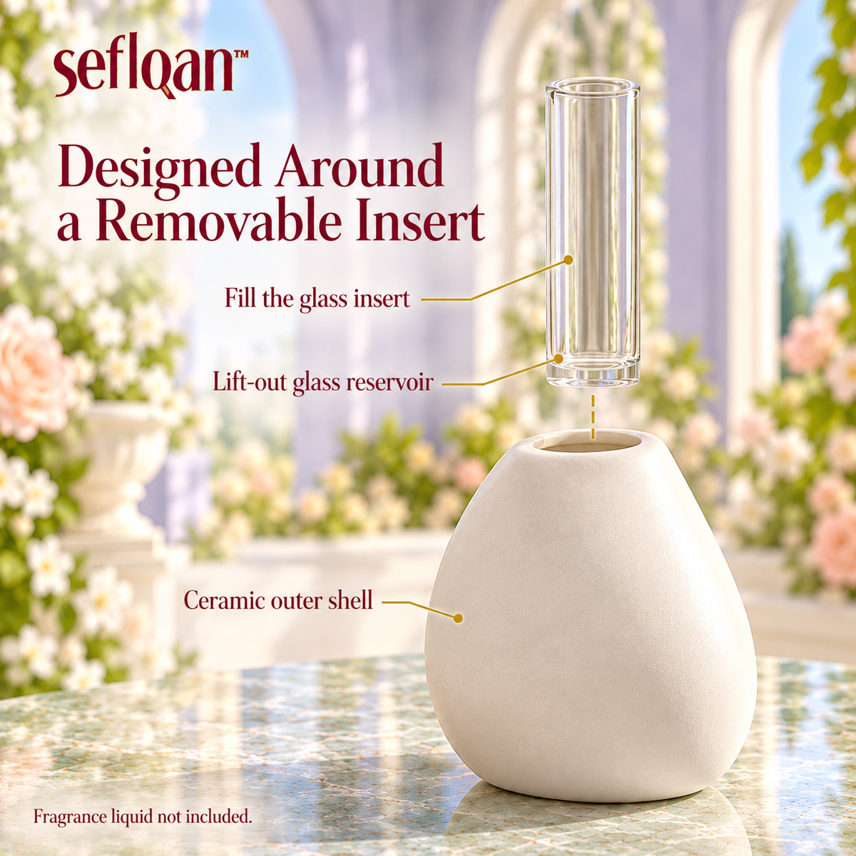 seflqan™ Pebble Ceramic Reed Diffuser Vessel — Empty Refillable Scent Bottle with Glass Insert & 8 Reeds