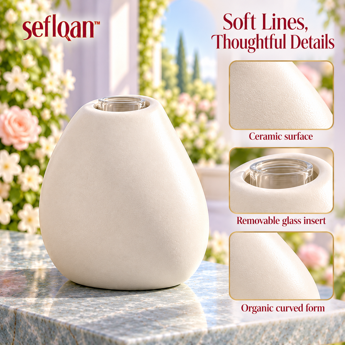 seflqan™ Pebble Ceramic Reed Diffuser Vessel — Empty Refillable Scent Bottle with Glass Insert & 8 Reeds