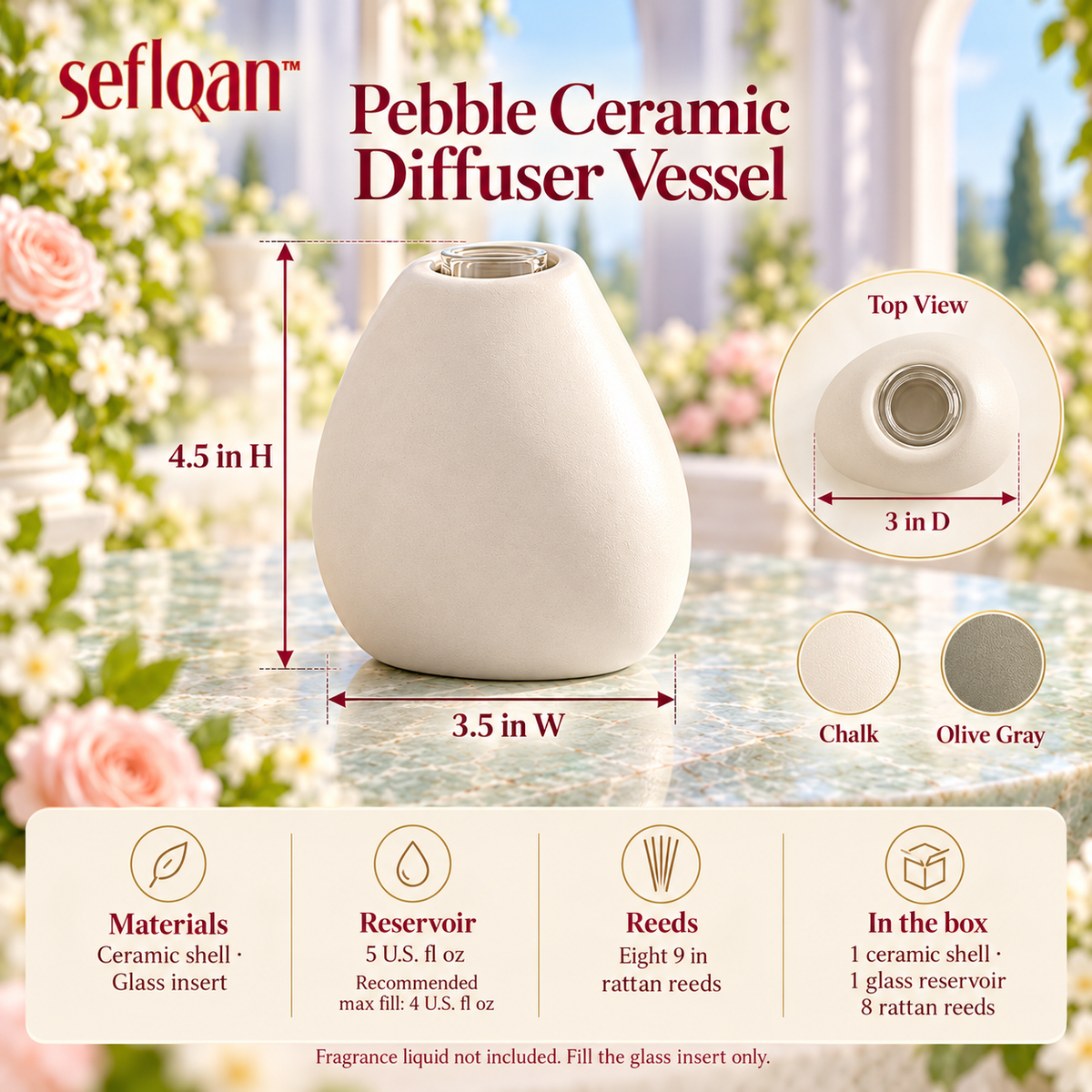 seflqan™ Pebble Ceramic Reed Diffuser Vessel — Empty Refillable Scent Bottle with Glass Insert & 8 Reeds