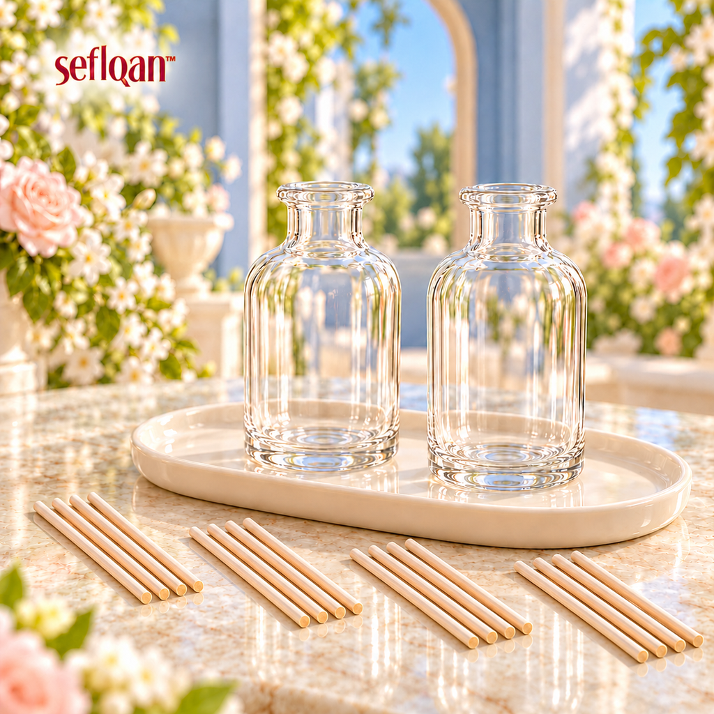 seflqan™ Terrace Duo Reed Diffuser Bottle Set — 2 Empty Glass Fragrance Vessels with Tray & 16 Reeds