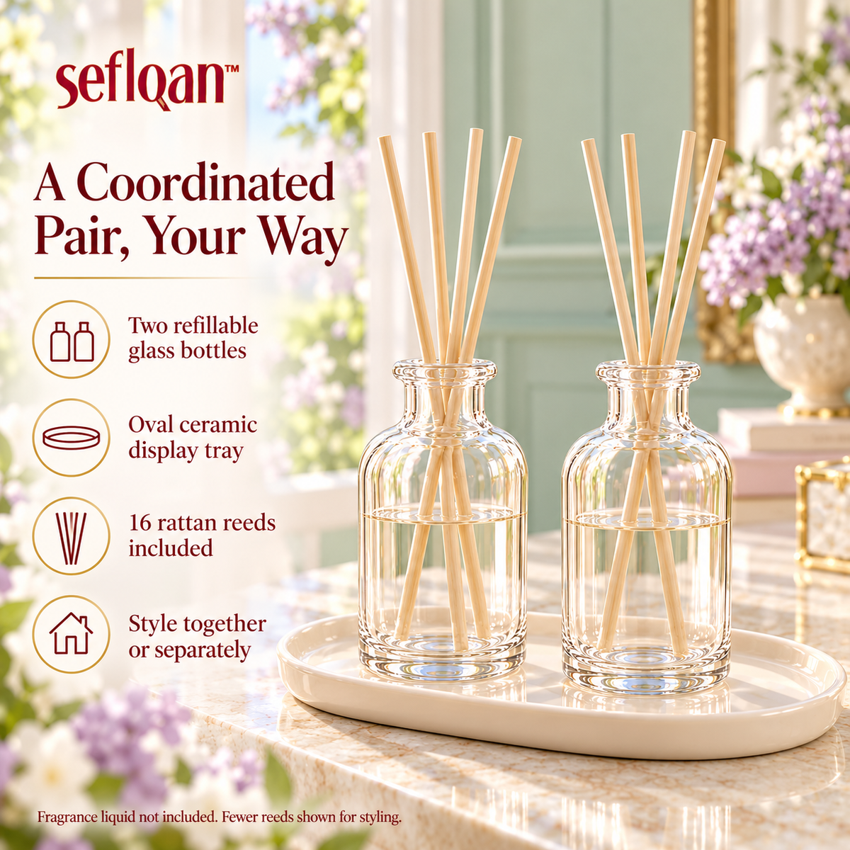 seflqan™ Terrace Duo Reed Diffuser Bottle Set — 2 Empty Glass Fragrance Vessels with Tray & 16 Reeds