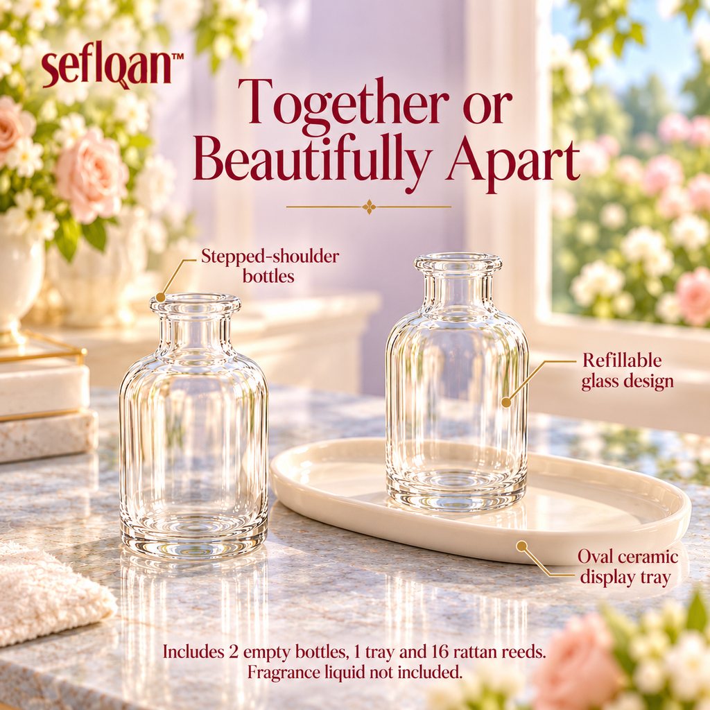 seflqan™ Terrace Duo Reed Diffuser Bottle Set — 2 Empty Glass Fragrance Vessels with Tray & 16 Reeds