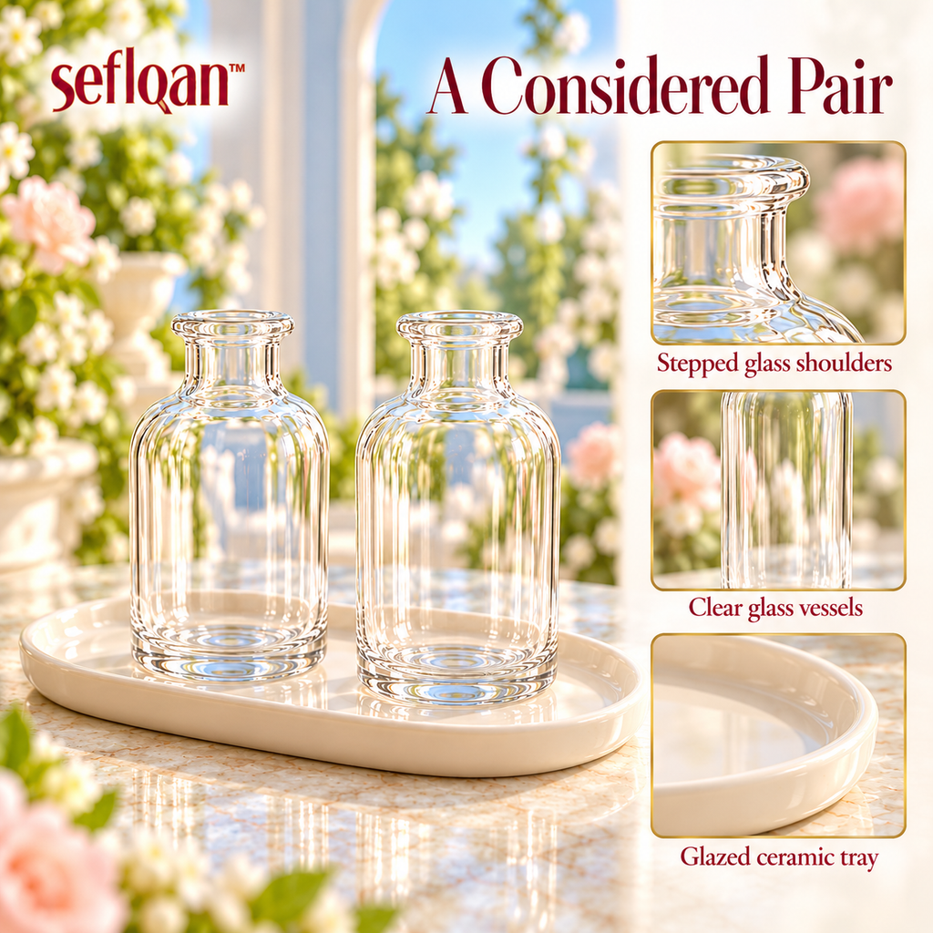 seflqan™ Terrace Duo Reed Diffuser Bottle Set — 2 Empty Glass Fragrance Vessels with Tray & 16 Reeds