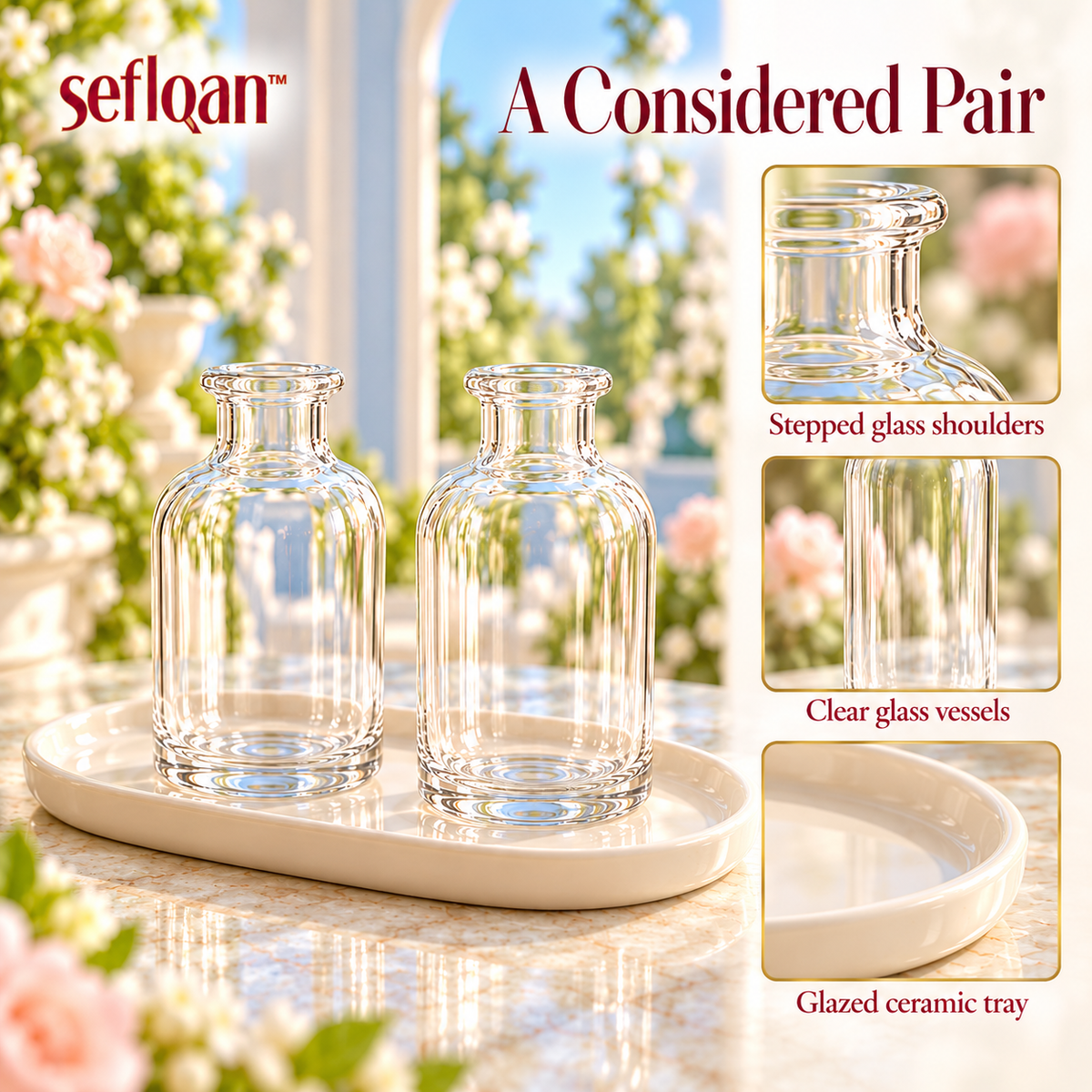 seflqan™ Terrace Duo Reed Diffuser Bottle Set — 2 Empty Glass Fragrance Vessels with Tray & 16 Reeds