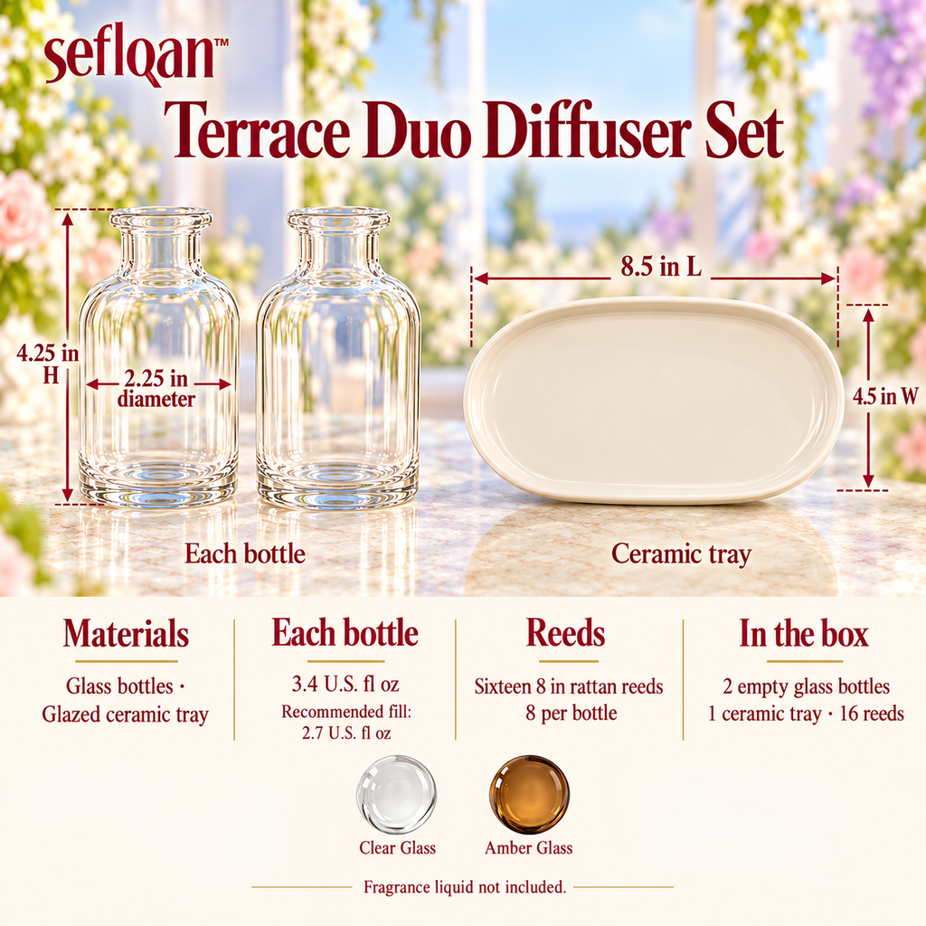 seflqan™ Terrace Duo Reed Diffuser Bottle Set — 2 Empty Glass Fragrance Vessels with Tray & 16 Reeds