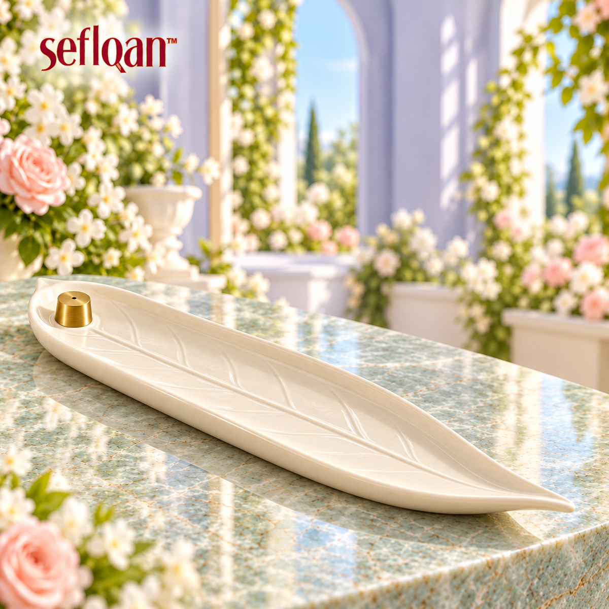 seflqan™ Leafline Ceramic Incense Stick Holder — Long Botanical Ash Catcher Tray with Brass Insert