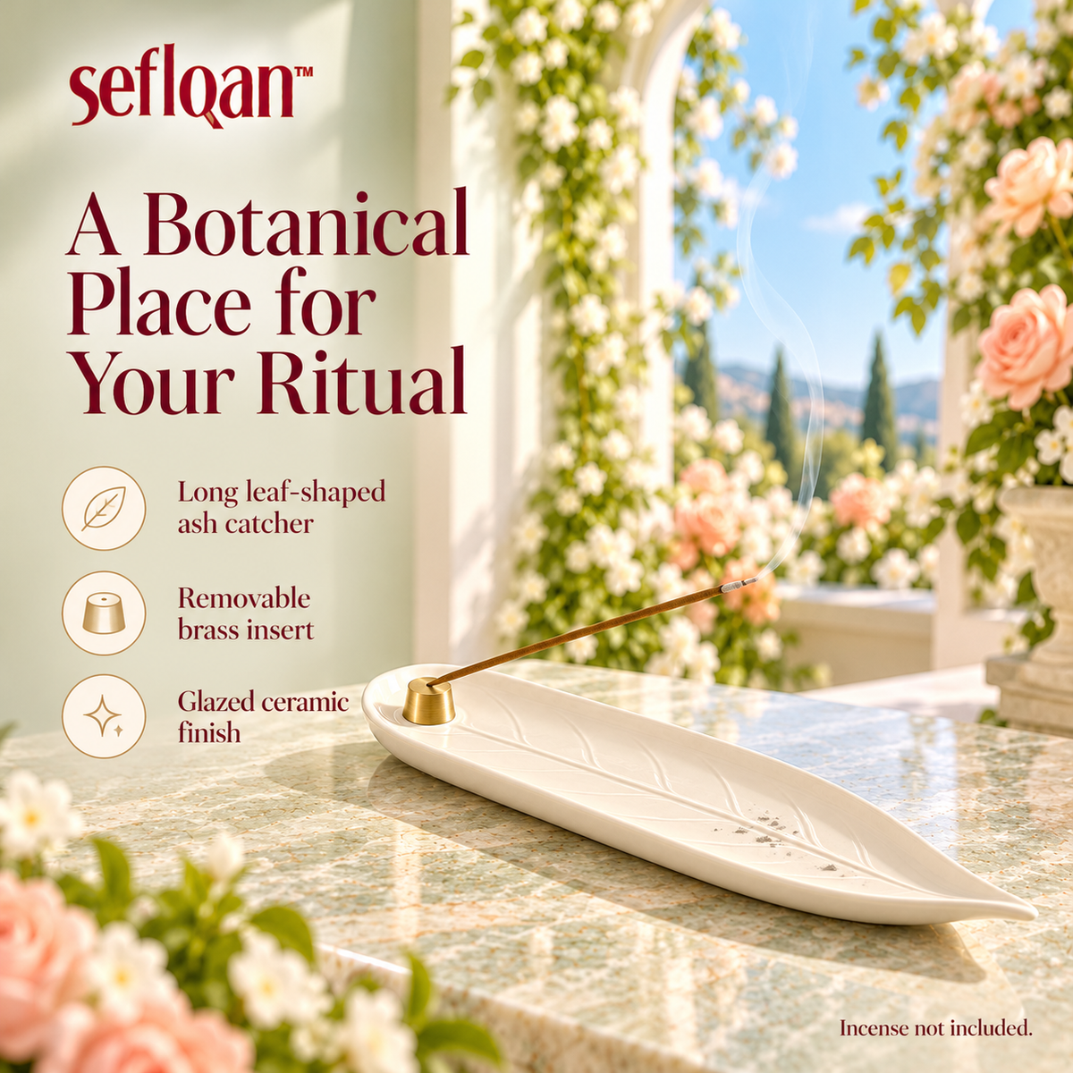 seflqan™ Leafline Ceramic Incense Stick Holder — Long Botanical Ash Catcher Tray with Brass Insert