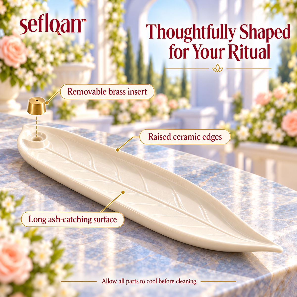 seflqan™ Leafline Ceramic Incense Stick Holder — Long Botanical Ash Catcher Tray with Brass Insert