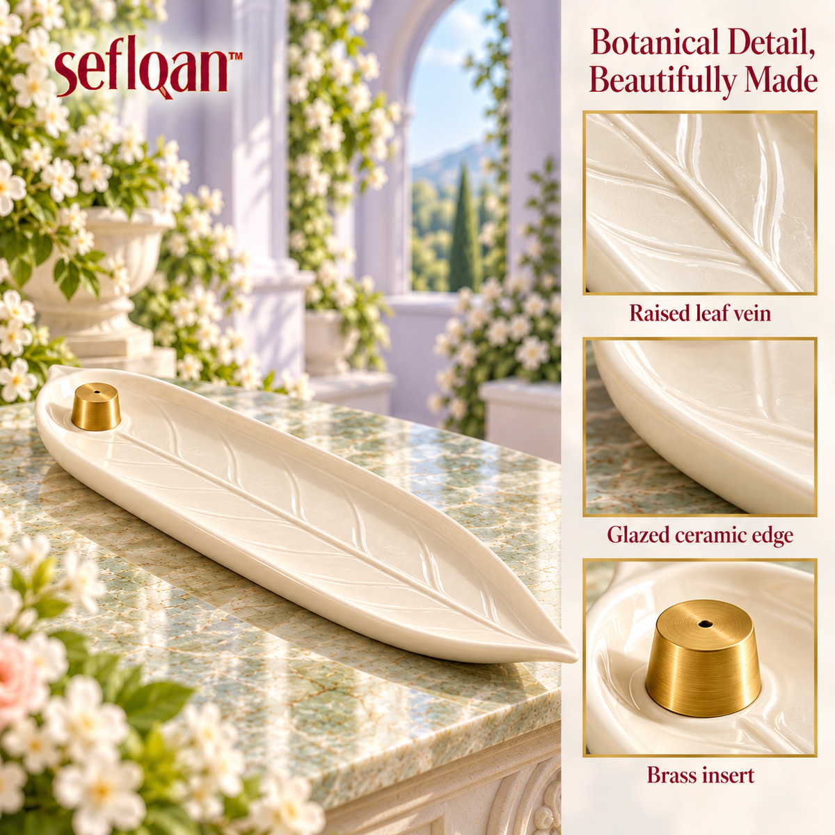 seflqan™ Leafline Ceramic Incense Stick Holder — Long Botanical Ash Catcher Tray with Brass Insert