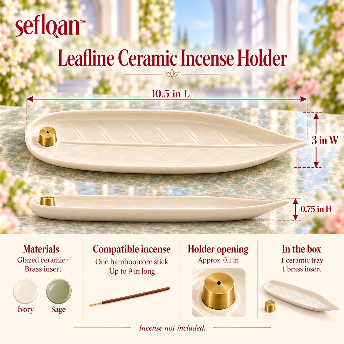 seflqan™ Leafline Ceramic Incense Stick Holder — Long Botanical Ash Catcher Tray with Brass Insert