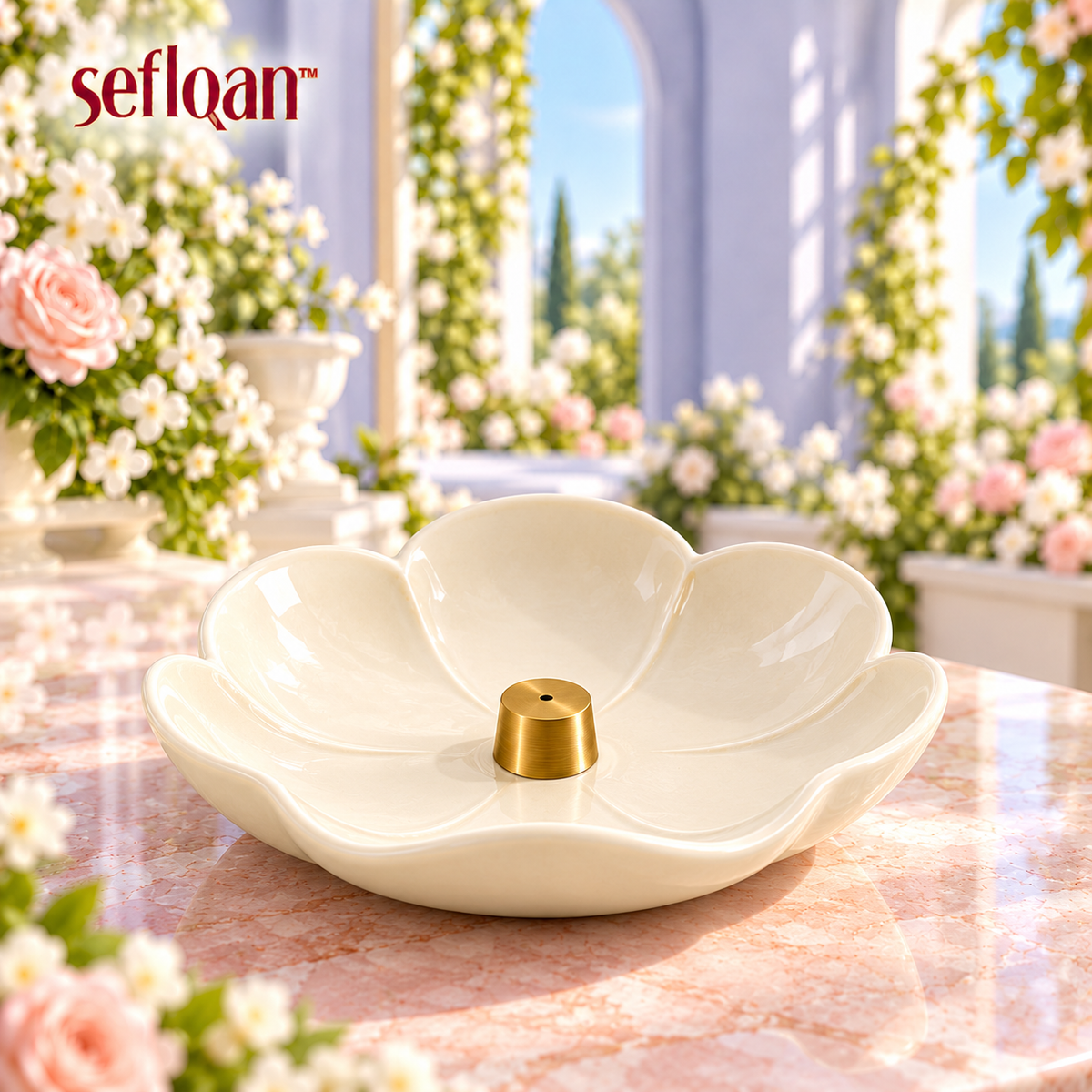 seflqan™ Petal Pool Incense Holder — Round Ceramic Ash Catcher Dish with Removable Stick Holder