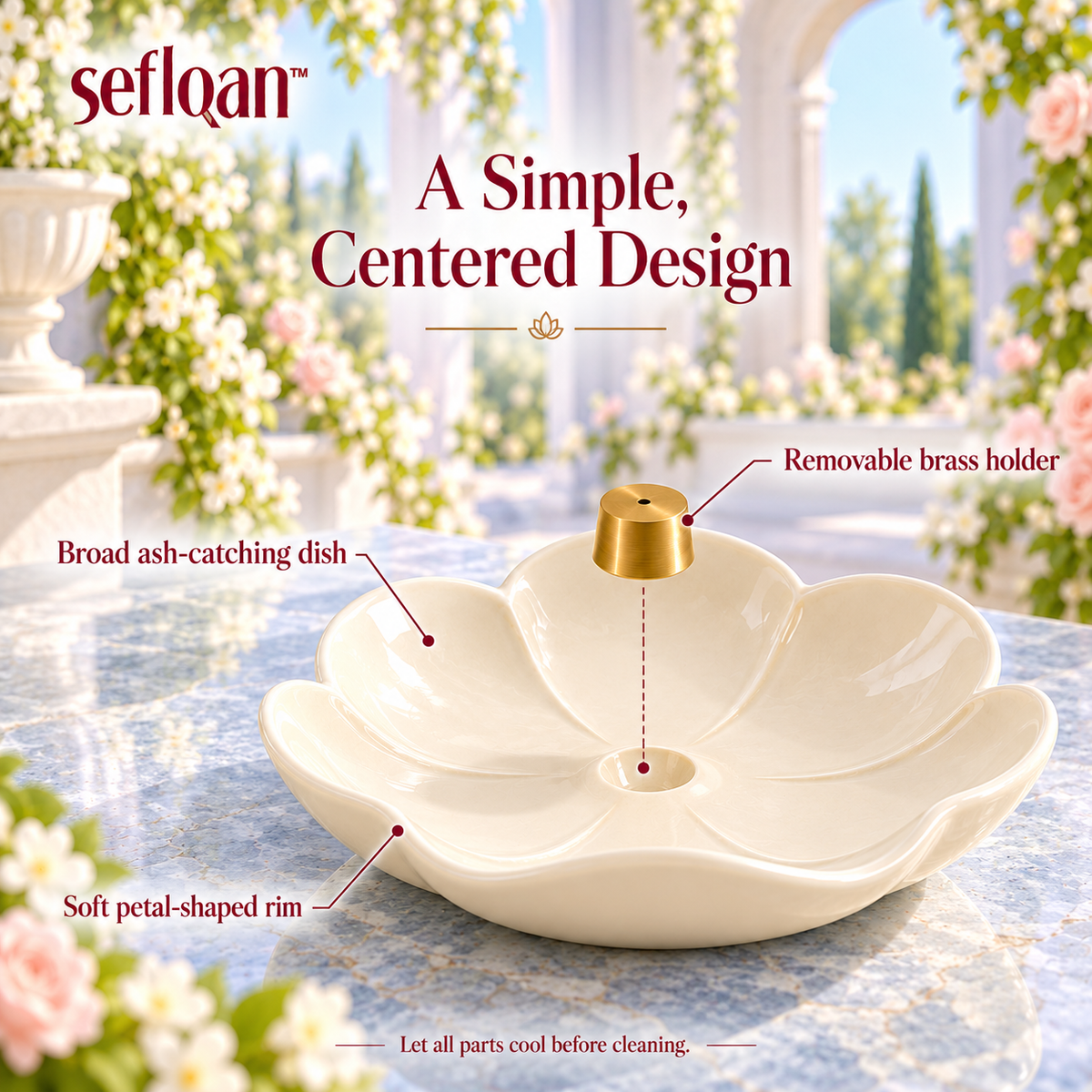 seflqan™ Petal Pool Incense Holder — Round Ceramic Ash Catcher Dish with Removable Stick Holder