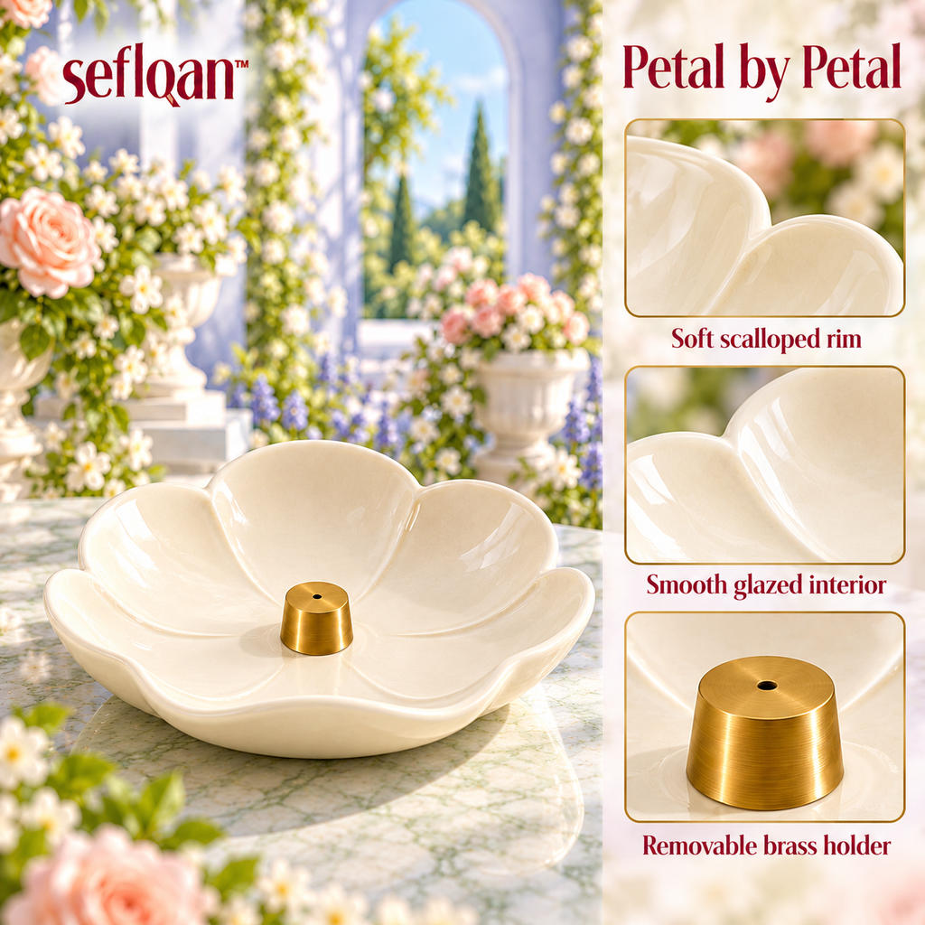 seflqan™ Petal Pool Incense Holder — Round Ceramic Ash Catcher Dish with Removable Stick Holder