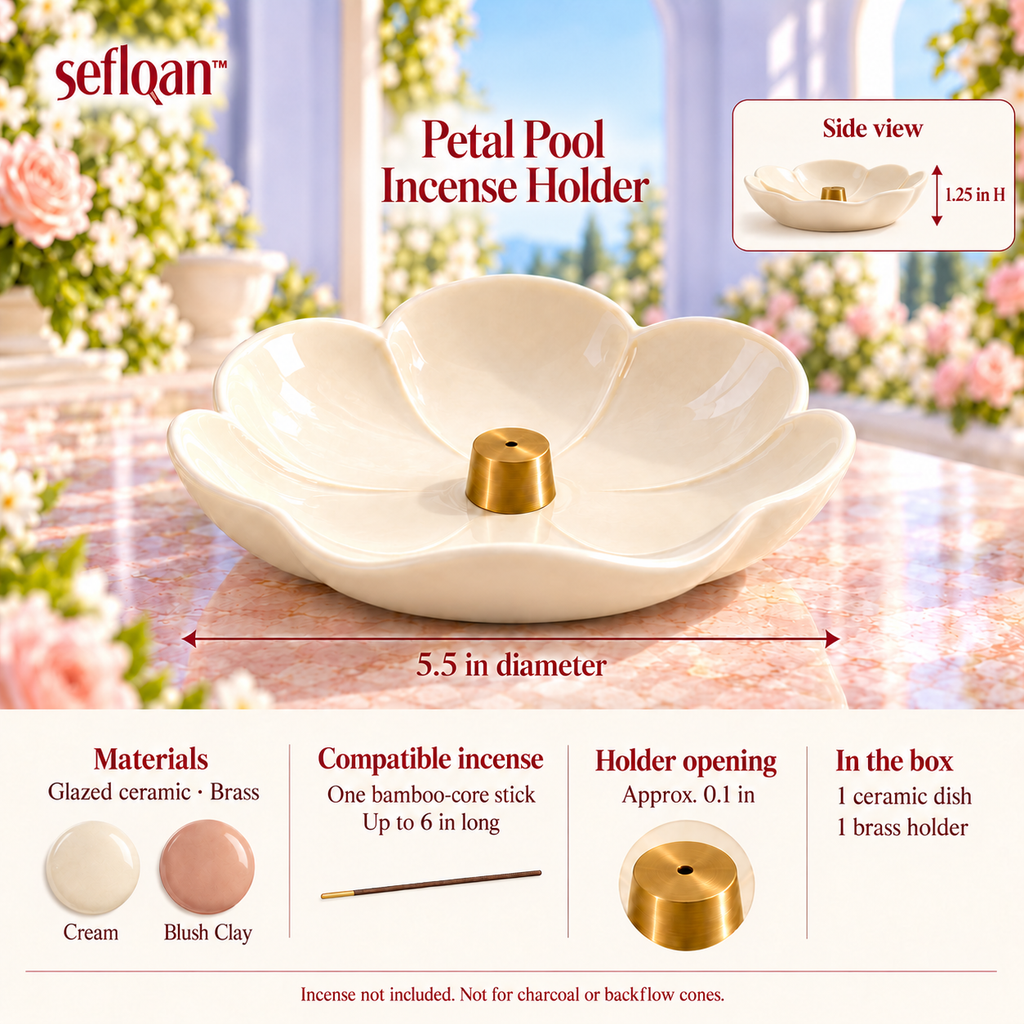 seflqan™ Petal Pool Incense Holder — Round Ceramic Ash Catcher Dish with Removable Stick Holder