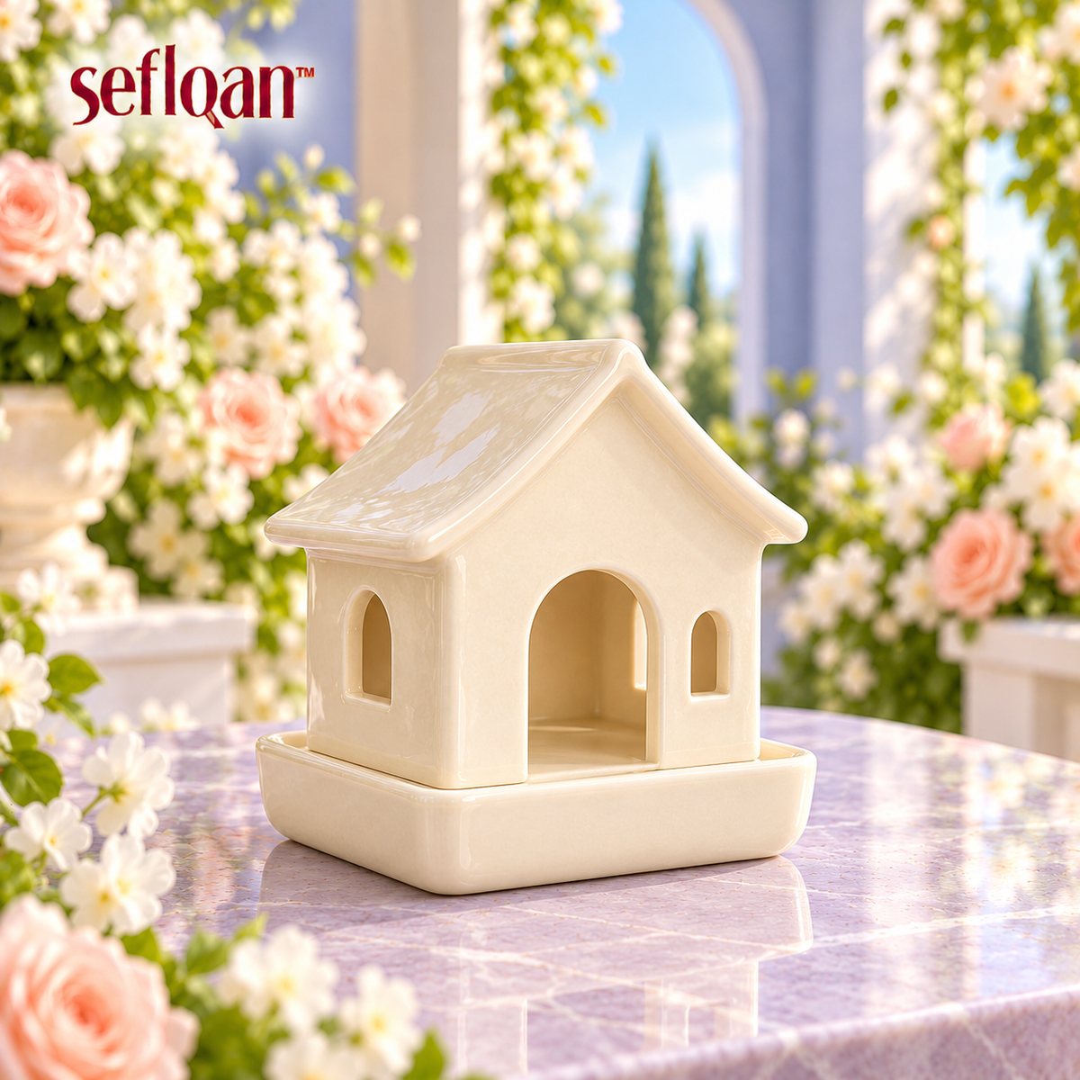 seflqan™ Garden Pavilion Ceramic Incense Cone Burner — Two-Piece Cottage-Inspired Holder with Lift-Off Cover
