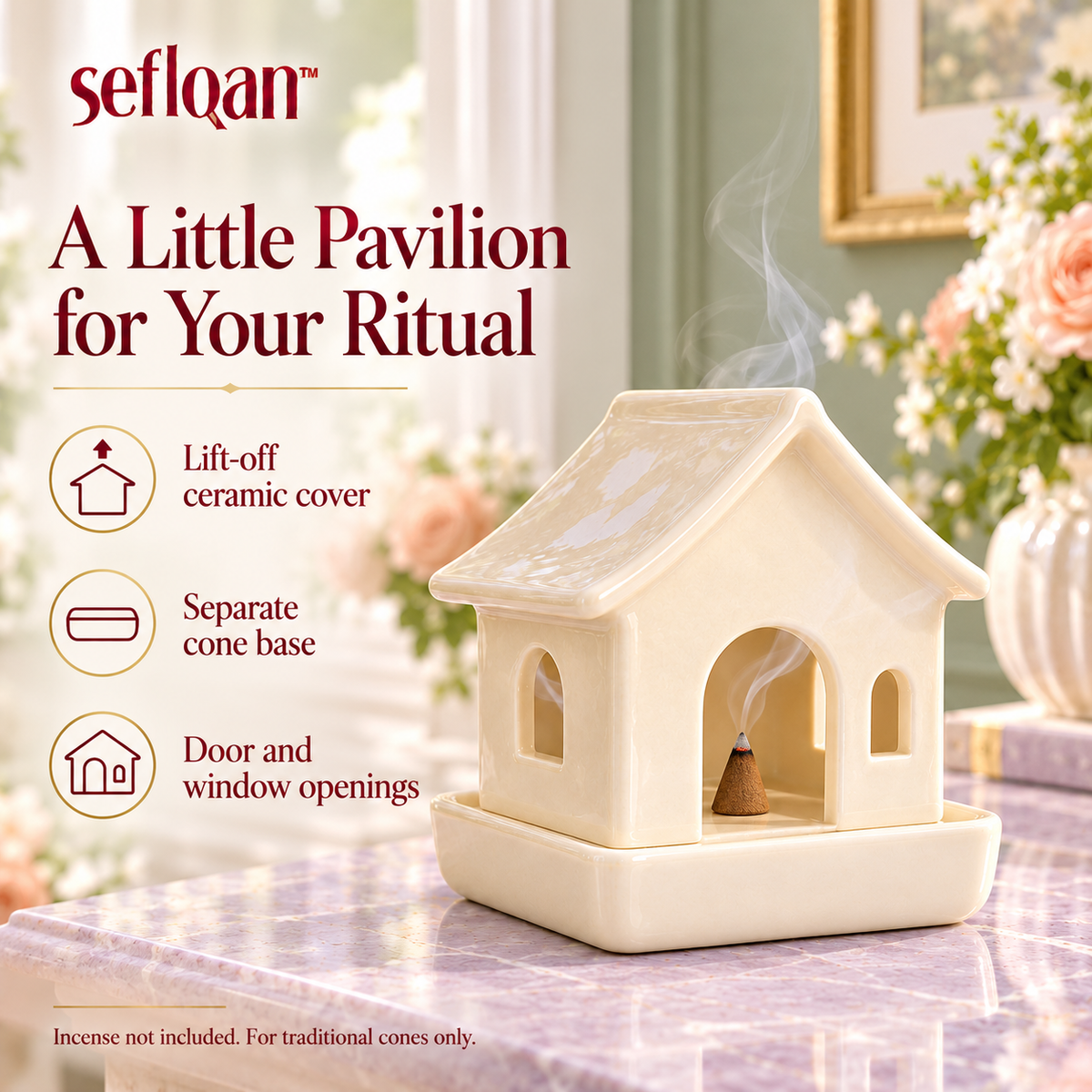 seflqan™ Garden Pavilion Ceramic Incense Cone Burner — Two-Piece Cottage-Inspired Holder with Lift-Off Cover