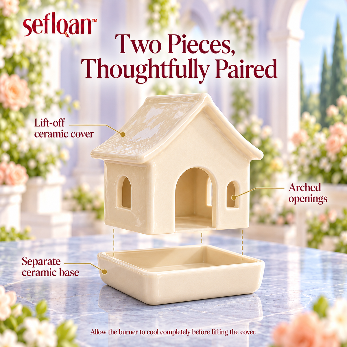 seflqan™ Garden Pavilion Ceramic Incense Cone Burner — Two-Piece Cottage-Inspired Holder with Lift-Off Cover