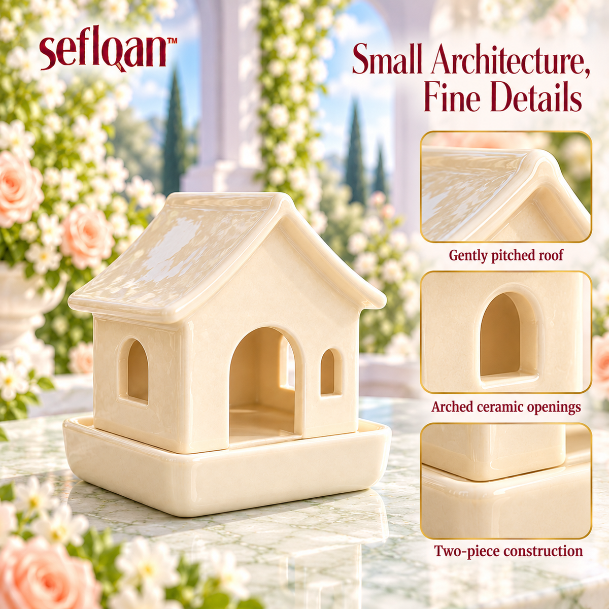 seflqan™ Garden Pavilion Ceramic Incense Cone Burner — Two-Piece Cottage-Inspired Holder with Lift-Off Cover