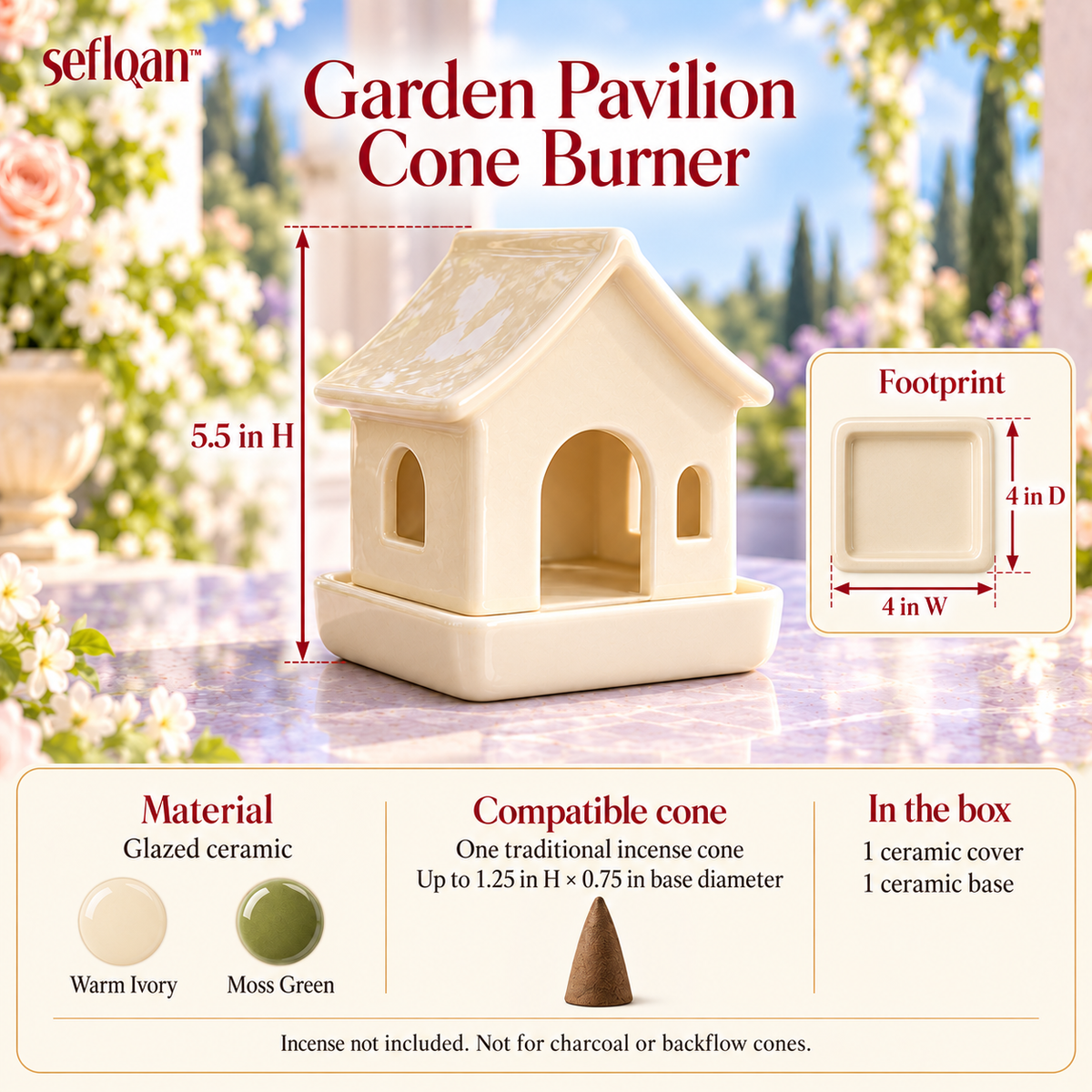 seflqan™ Garden Pavilion Ceramic Incense Cone Burner — Two-Piece Cottage-Inspired Holder with Lift-Off Cover