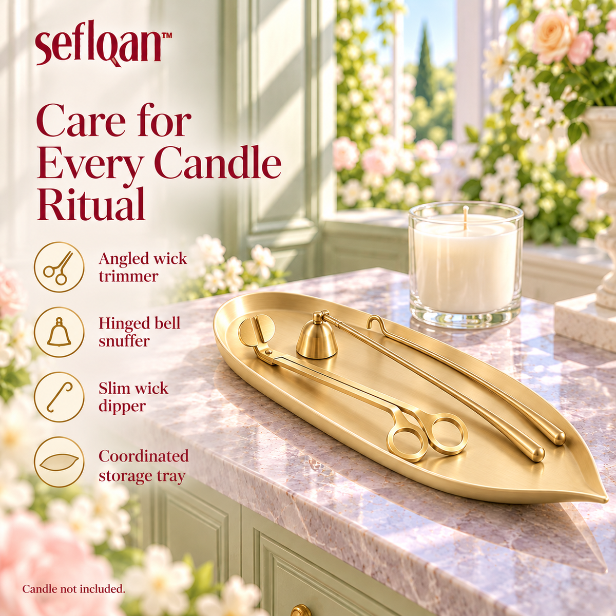 seflqan™ Garden Stem Candle Care Kit — 4-Piece Wick Trimmer, Candle Snuffer, Wick Dipper & Storage Tray Set