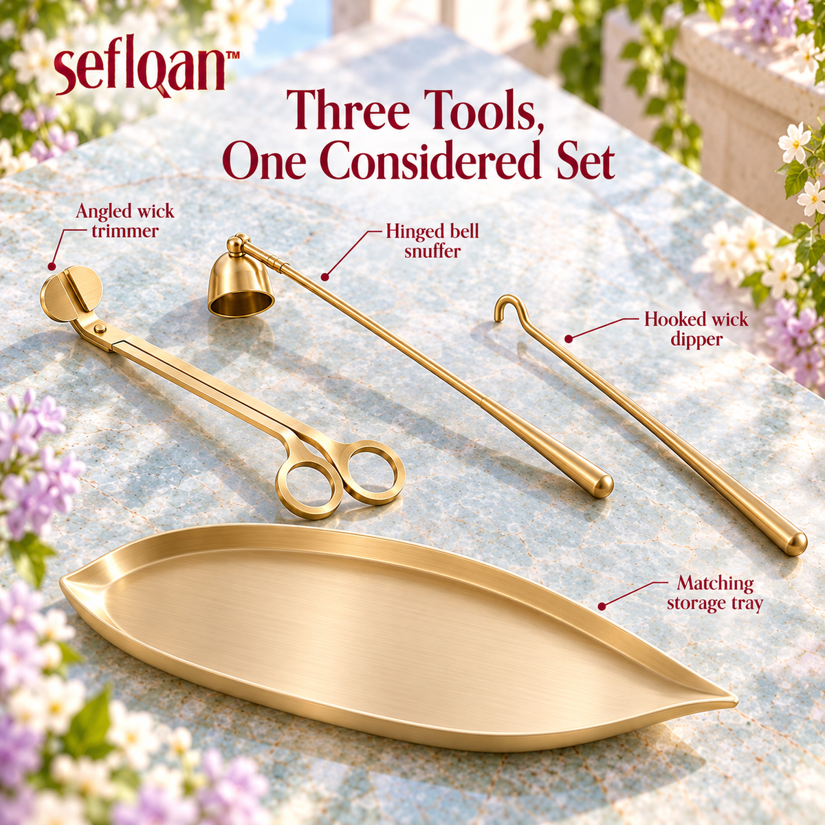 seflqan™ Garden Stem Candle Care Kit — 4-Piece Wick Trimmer, Candle Snuffer, Wick Dipper & Storage Tray Set