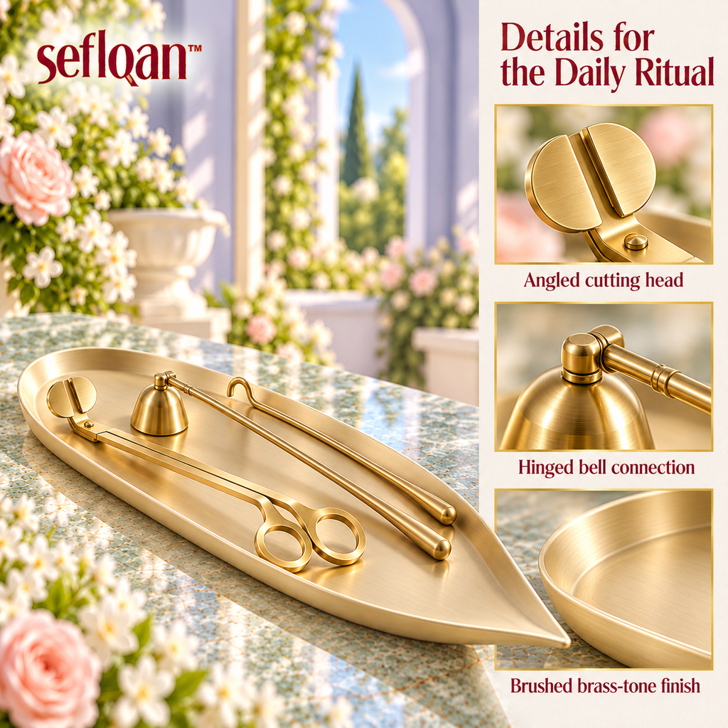 seflqan™ Garden Stem Candle Care Kit — 4-Piece Wick Trimmer, Candle Snuffer, Wick Dipper & Storage Tray Set